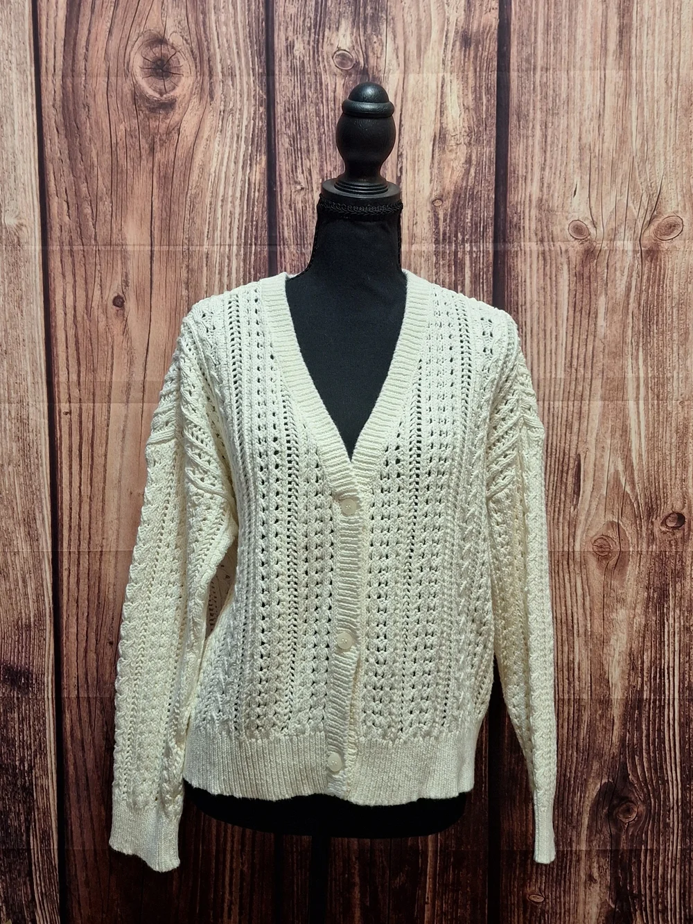 Sundance Cream Open-Knit V-Neck Button Cardigan Size Xxl